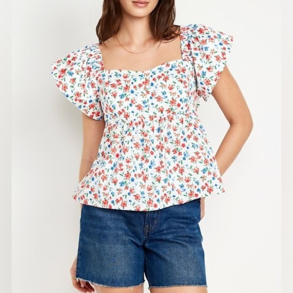 Old Navy Small Petite Blouse Shirt Short Sleeve Floral Ruffle Sleeve Top Crop SP